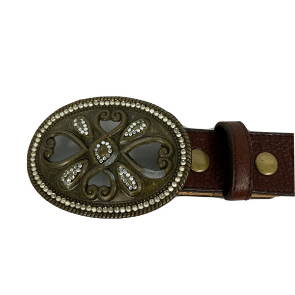 Leatherock Belt Womens Small Brown Leather Brass Oval Rhinestone Buckle - Picture 2 of 6